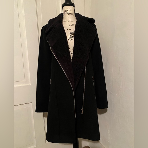 Loft Ann Taylor wool Sherpa moto zipper long black winter coat jacket oversized - Picture 1 of 12